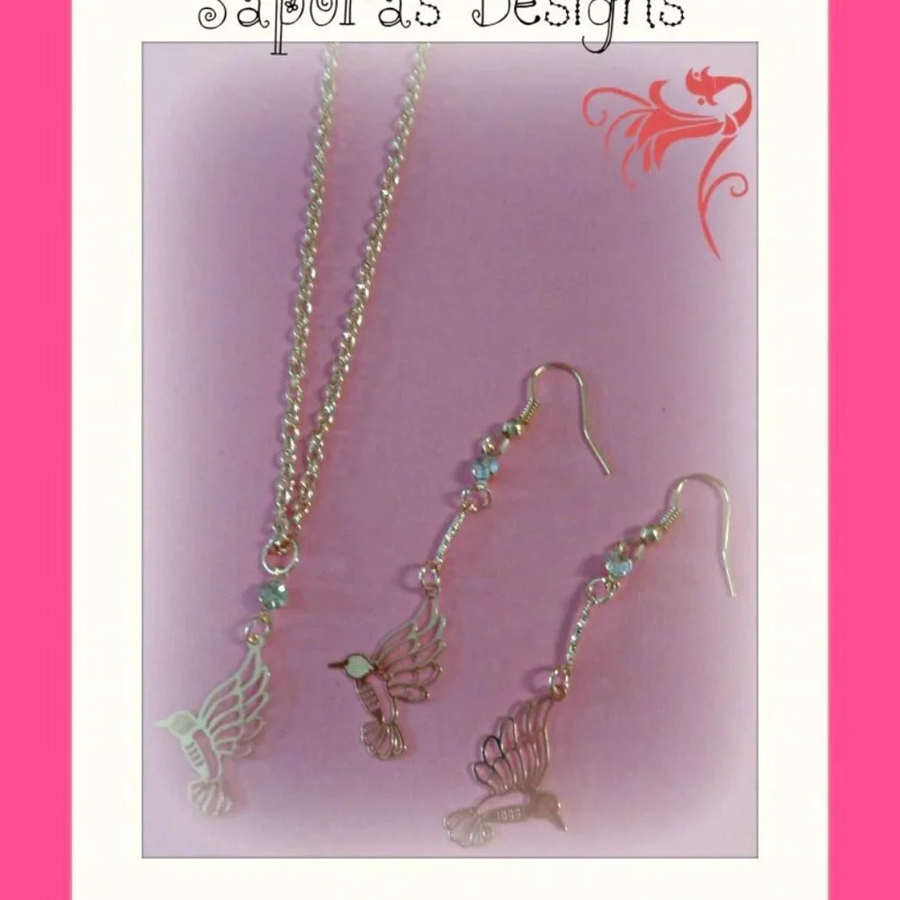 Gold Tone Hummingbird Design Dangle Earrings & Necklace Jewelry Set For Girls